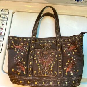 Brown canvas zippered tote bag shoulder purse embroidered and studded